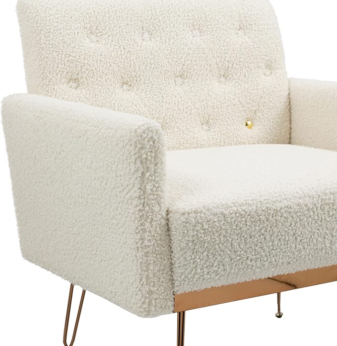 Accent Chair for Living Room, Comfy Oversized Velvet Upholstered Arm Chairs, Mid Century Modern Reading Single Sofa Side Chair with Tufted Back and Gold Legs for Bedroom (1, Teddy White)