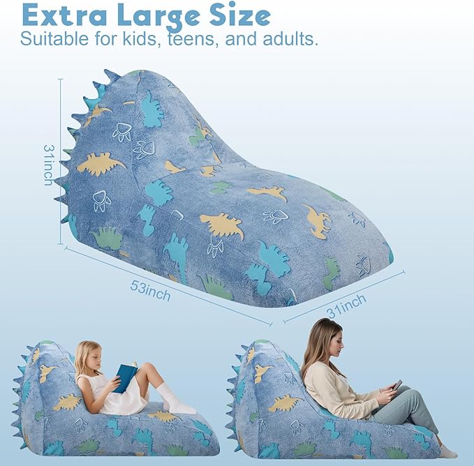 COMAX Dinosaur Bean Bag Chairs for Kids 8-12, Kid Beanbag Chair with Filler, Toddler Lounge Bean Chair, Children Lazy Floor Lounger for Girls Boys, Blue Dino