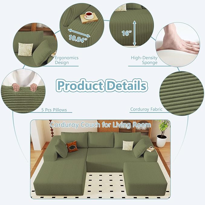 96" W Cloud Sectional Couch with Ottoman,Modern U-Shaped Cloud Couch with Deep Seat,Comfy Corduroy 3-Seater Sofa,Memory Foam Sofa for Living Room,No Assembly (Green,Left-Facing Chaise)