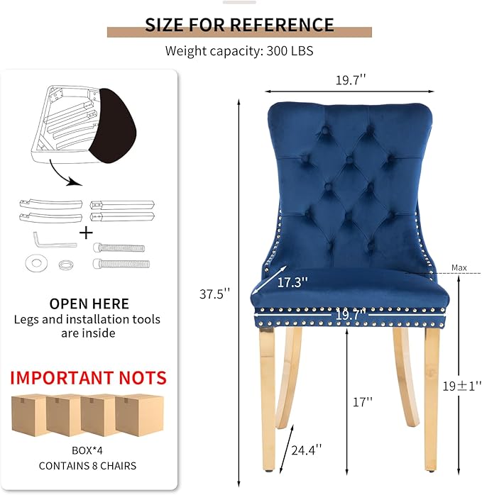 YeahFurn Mid Century Modern Dining Chairs Set of 8, Blue Velvet Upholstered Tufted Back, Kitchen & Dining Room Chairs, Gold Metal Legs, Nailhead Trim, Sillas para Comedor (Blue, 8 Pcs)