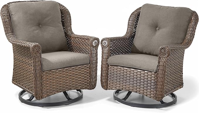 ACTREST Patio Chairs Outdoor Swivel Glider - Set of 2 High Back Outside Brown Wicker Rattan Rocking Chair with Zippered Cushion for Porch Apartment Deck Yard Poolside Garden - Grey
