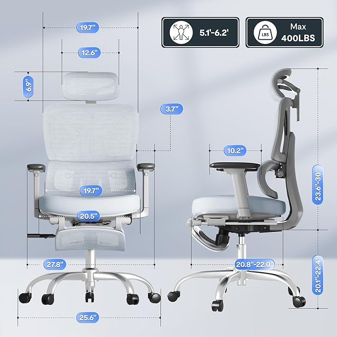 FLEXISPOT ErgoX Premium Ergonomic Office Chair with Footrest- Adjustable 3D Armrests, Dynamic Lumbar Support, Recline & Tilt Function, Mesh Seat, for Home & Office Use,Foam Blue