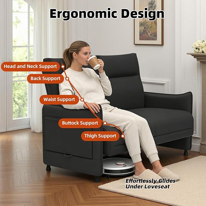 Faux Leather Loveseat, Upholstered Loveseat with Hidden Foldable Tray & Side Pocket, Front Contour Arm Design, Modern 2-Seater Sofa Couch for Compact Spaces, Black