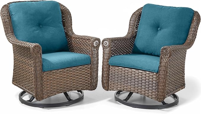 ACTREST Patio Chairs Outdoor Swivel Glider - Set of 2 High Back Outside Brown Wicker Rattan Rocking Chair with Zippered Cushion for Porch Apartment Deck Yard Poolside Garden - Peacock Blue