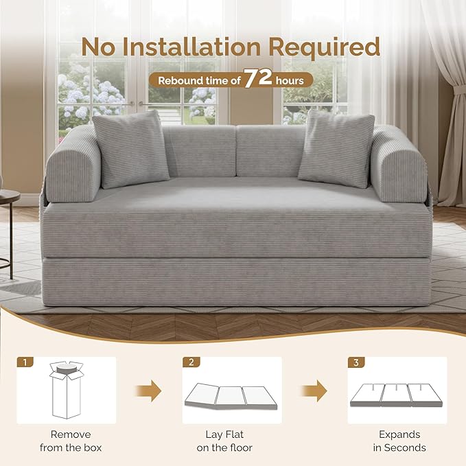Convertible Corduroy Sleeper Sofa Bed with Cylindrical Pillows, Convertible Mattress Sofa with Fixed Shape Frame, Living Room Bedroom Lounge Studio Use Floor Sofa Lounge,Grey