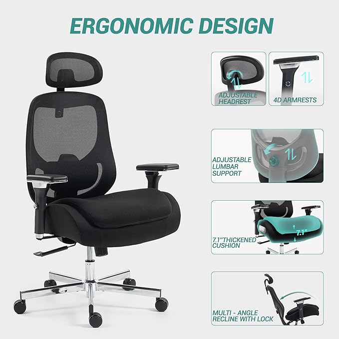750 LBS Big and Tall Office Chair, Heavy Duty Executive Chair w/4D Arms, Ergonomic Computer Home Desk Chair, Swivel Mesh Chair w/2D Lumbar Support, Adjustable Headrest, Tilt Lock-Black