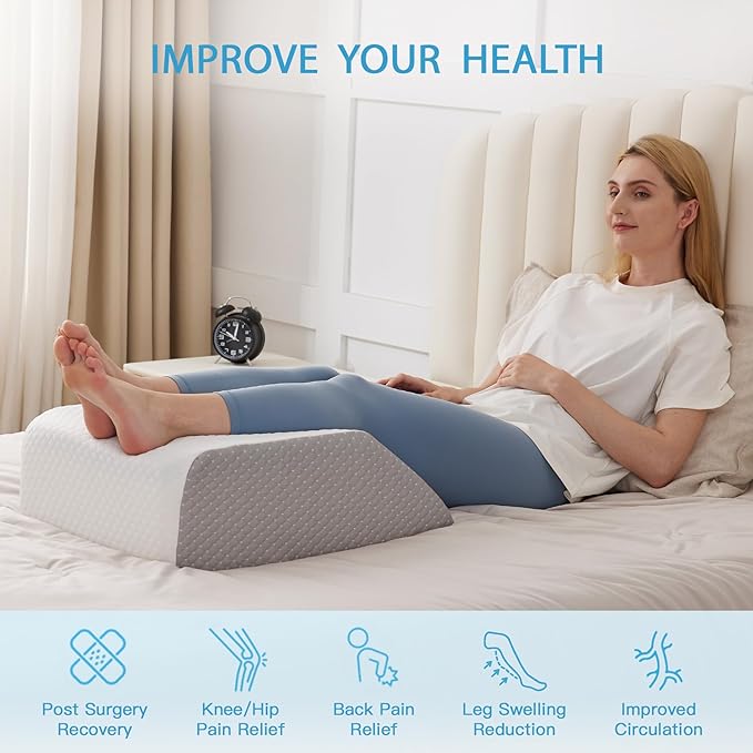 MEGCXIT Leg Pillow Elevation Blood Circulation, Leg Wedge for Elevation for Swelling, Leg Elevating Pillow for After Surgery, Memory Foam Foot Knee Pillow for Back Sleeping 24×22×8 Inch White/Grey