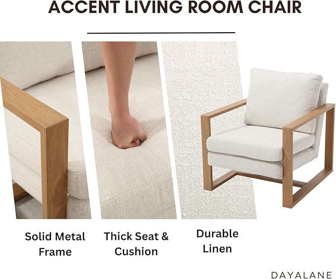 Modern Linen Accent Chair Set of 2 for Living Room Bedroom Mid Century Armchairs with Metal Frame, Upholstered Office Accent Chairs Comfy Waiting Room Chairs with Metal Frame, Beige