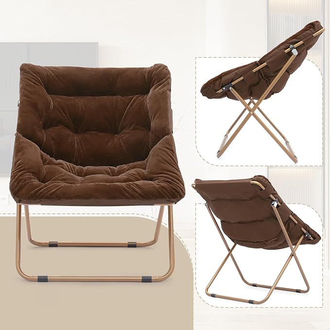 Athena Collection Saucer Chair for Adult, Square Comfy Cozy Chair Folding Chair Faux Fur Metal Frame Foldable Reading Chair Accent Chair for Bed Room Living Room, Brown