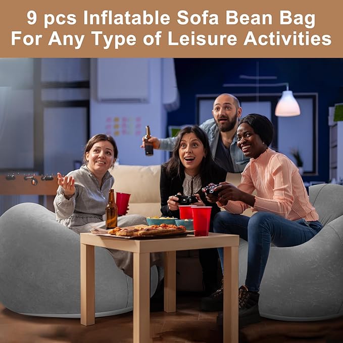 Realspring 9 Pcs Inflatable Bean Bag Chairs for Adults with Electric Air Pump, Blow up Couch Folding Portable Inflatable Couch Lazy Sofa for Outdoor Movie Nights Camping Room (Grey)