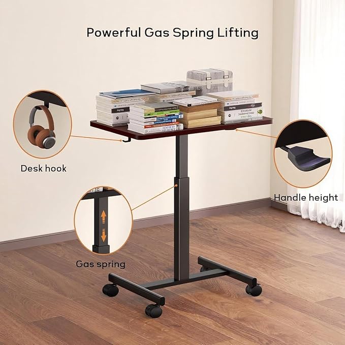NICECOZY Mobile Standing Desk, Small Teacher Standing Rolling Desk, Portable Laptop Desk with Lockable Wheels, Computer Workstations, Adjustable Height, Dark Walnut