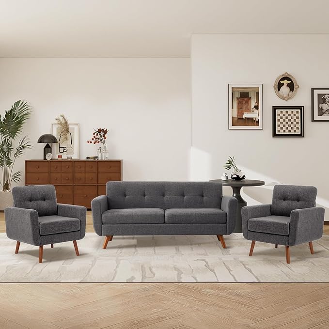 Tbfit Accent Chair, Reading Chair for Living Room & Bedroom, Mid Century Modern Arm Chair, Button Tufted Upholstered Accent Chairs Sofa with Solid Wood Frame, Grey | linen fabric, button tufted, solid wood foot, pocket spring, wood slats frame