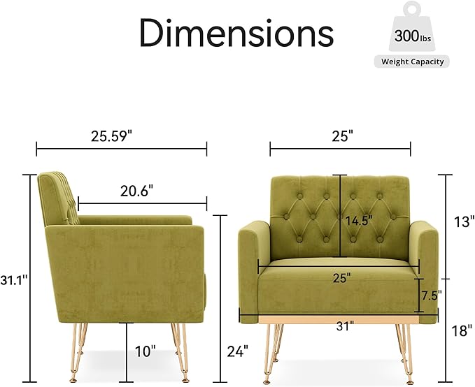 Accent Chair for Living Room, Comfy Oversized Velvet Upholstered Arm Chairs, Mid Century Modern Reading Single Sofa Side Chair with Tufted Back and Gold Legs for Bedroom (2, Olive Green)