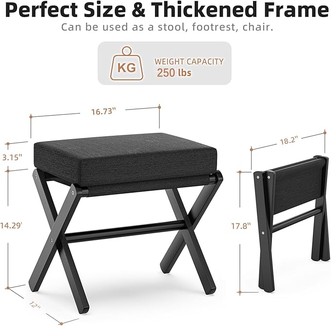 Foldable Foot Stool Ottoman, Modern Foot Rest with Bamboo X Legs & Thick Foam Cushion, Folding Foot Stools Small Padded for Bedroom Living Room, Footstool for Chair Couch (Black - Black)