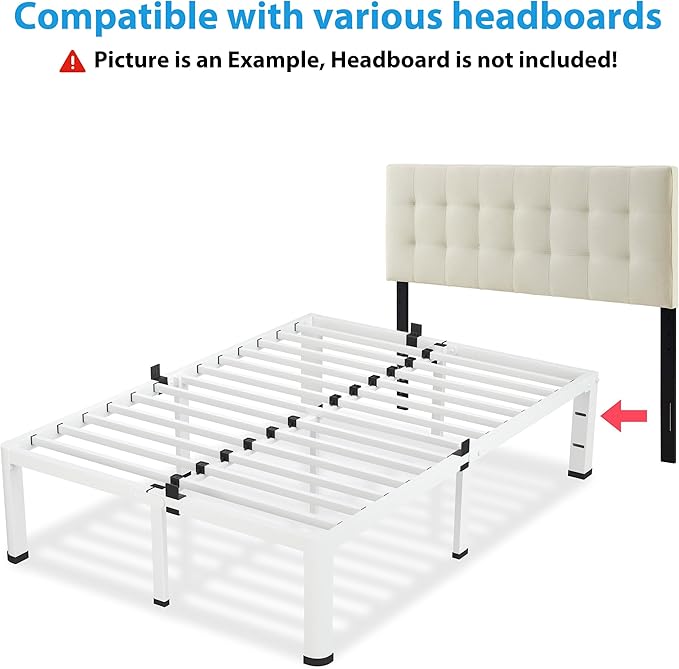 VIPSHOW 12 Inch White Queen Bed Frame, 3500Lbs Heavy Duty Metal Platform with Round Corner Legs Mattress Slide Stopper, Steel Slat Support No Box Spring Needed, Noise Free, Non-Slip, Easy Assembly