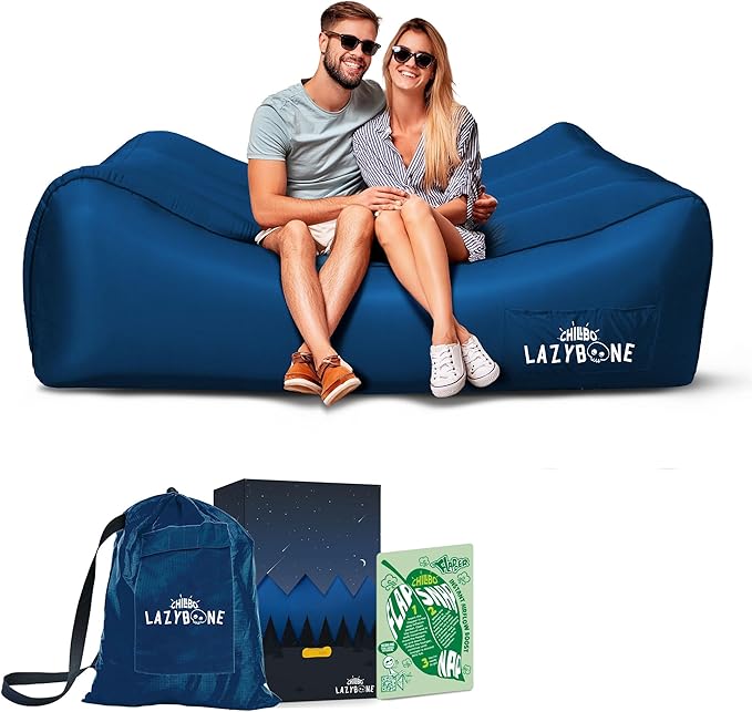 Chillbo LazyBone Inflatable Couch – Quick-Inflation Flapper System, Fun Prints, No-Pump Setup, Ripstop Polyester, Portable Air Lounger for Beach, Camping, Festivals, & Hiking