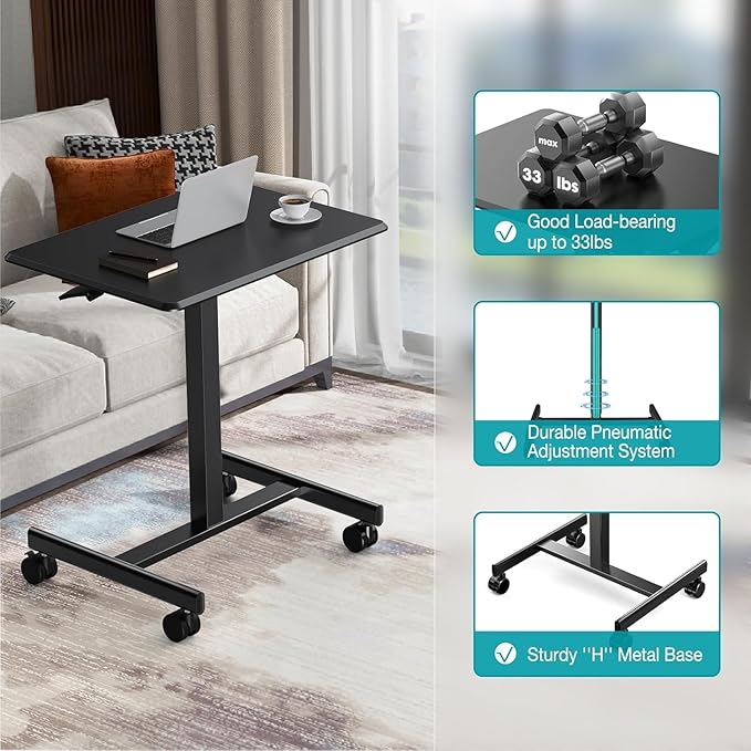 DUMOS Small Standing Desk Mobile Portable Rolling Laptop PC Table on Wheels Adjustable Height Computer Workstation for Home Office, 19 Inch, Black
