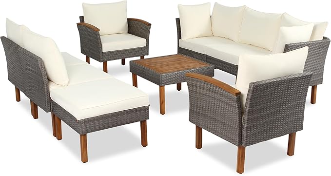 Merax Outdoor Patio Furniture Sets, Free Combination Rattan Sofa with Wood Tabletop, 9-Piece, Beige