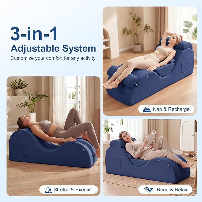 Yoga Chaise Lounge Chair, S-Shaped Floor Sofa with Moveable Headrest, Lumbar Pillow, Support Cushion, Footrest, Non-Slip Base, No-Assembly Lounger for Stretching, Meditation & Relaxation (Blue)