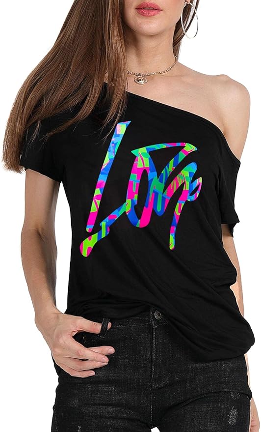 MAGICMK Women’s Short Lips Print Causal Off The Shoulder Plus Size T-Shirt Tops