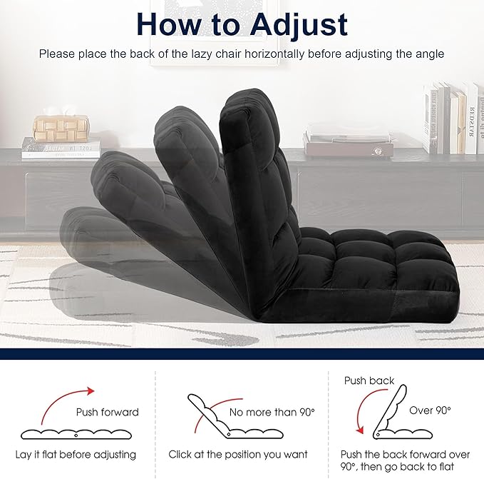 Floor Chair, 24 inches Wide Oversized Velvet Armless Lay Flat Floor seat Padded Meditation Chair with 6 Adjustable Position Ergonomic Comfortable Convenient(LRSF-016-BLACK)