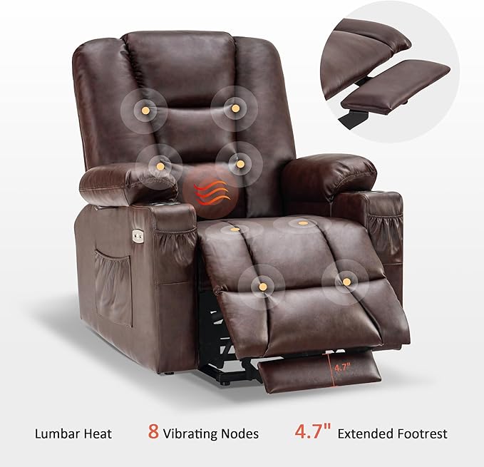MCombo Power Lift Recliner Chair for Elderly, Lift Chair with Heat and Massage, USB Ports, Cup Holders, Faux Leather 7519 (Medium, Dark Brown)