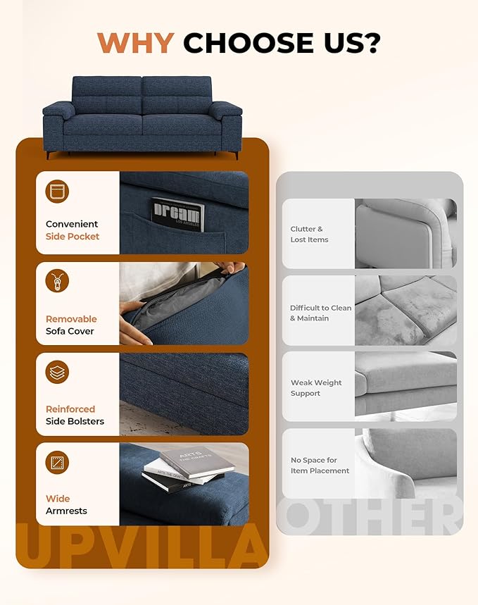 Upvilla 88.97" Modern Sofa Couch for Living Room, Deep Seat Sofas with 8”Cushion, Comfy 2-Seater Chenille Loveseat with Convertible Armrest, Removable Sofa Cover, High Leg (Blue)