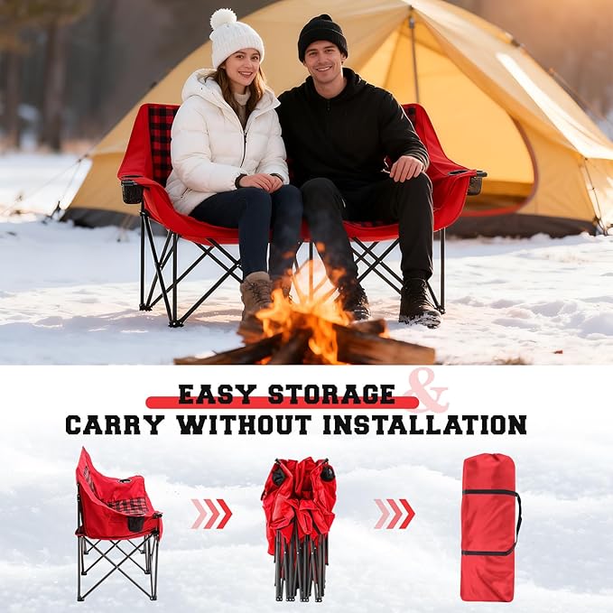 Double Camping Chairs Padded Loveseat Chair for 2 Person, Heavy Duty Oversized Camping Couch for Adults Outdoor Lawn Beach, Portable Folding Sofa with Cup Holders and Carry Bag