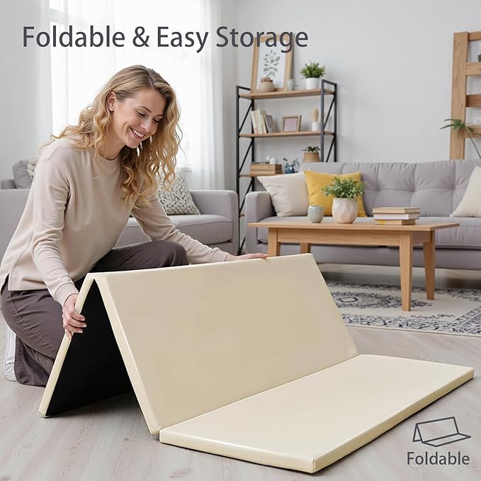 Foam Baby Play Mat: PU Leather Waterproof Kids Playmat - Trifold Floor Mat - Large Play Mat for Playpen Thick Pad Fodable Mattress Soft Toddler Mattress Infant Cushion for Preschool (Beige)