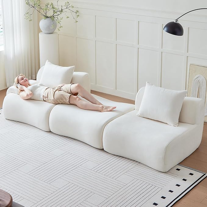 114" Modular Sectional Sofa for Living Room,Boneless Couch in A Box with Ottoman,Memory Foam Sectional Couches for Apartment,Cloud Couch No Assembly Required,White Low -Profile Sofa
