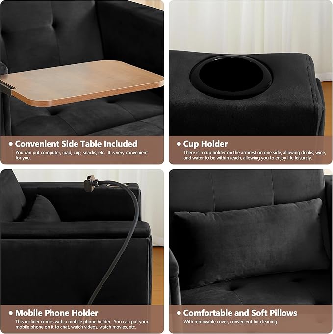 Velvet Convertible Chair Bed, 3 in 1 Multi-Functional Lounge Chair Sleeper, Pull Out Couch Guest Bed with Hidden Table and Adjustable Backrest for Living Room Small Space Apartment (Black)
