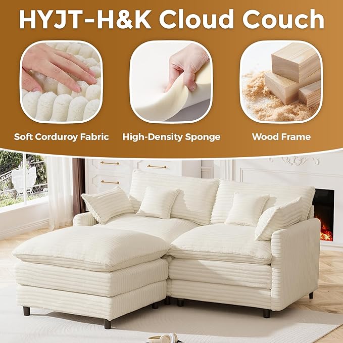 HYJT-H&K 74" L Shaped Cloud Couch Modular Small Sectional Couches for Living Room Small Spaces, Comfy Fluffy Corduroy Cloud Loveseat with Ottoman 3 Seat Sectionals Sofa, White