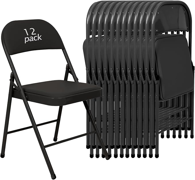 12 Pack Black Padded Folding Chairs Set - Comfortable Stackable Portable Chairs for Indoor Outdoor, Events, Parties, Office, Wedding (PU Leather, Classic Black,School Chair)