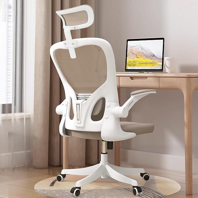 Monhey Office Chair Ergonomic Desk Chair with Lumbar Support&Headrest&Flip-up Arms Height Adjustable Rocking Swivel High Computer Chair Multi-Angle from 90° to 130° with 350LBS Capacity(04White+khaki)