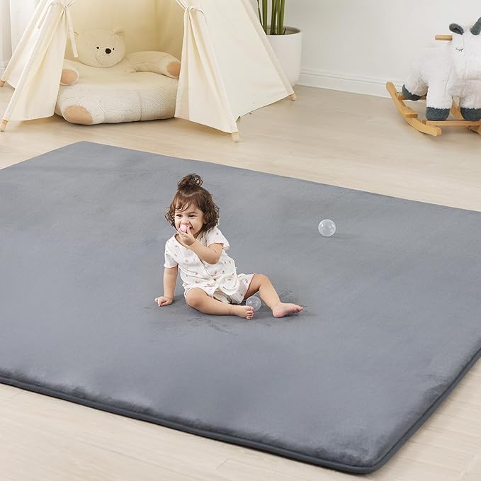 PAPAMAT 1.3" Thick Baby Floor Play Mat 79x158, Basic Padded Foam Mat for Tummy Time Crawling, Non Slip Cushioned for Babies Toddlers Infants Kids (Dark Grey)