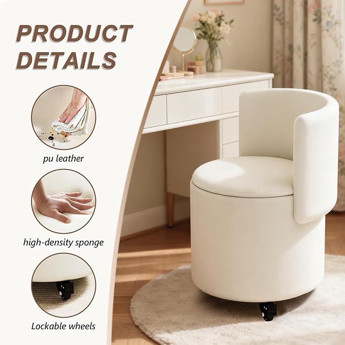 Rolling Round Vanity Chair with Storage, Swivel Makeup Chair with Folding Back, PU Leather Small Upholstered Ottoman for Bedroom Living Room