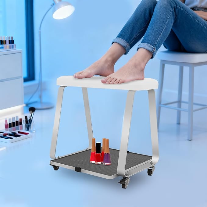 Pedicure Foot Rest, Portable Nail Salon Footrest with Organizer Tray, 110LBS Load Capacity, Lockable Casters for Beauty Nail Salon, Spa, Home, Clinic (White)