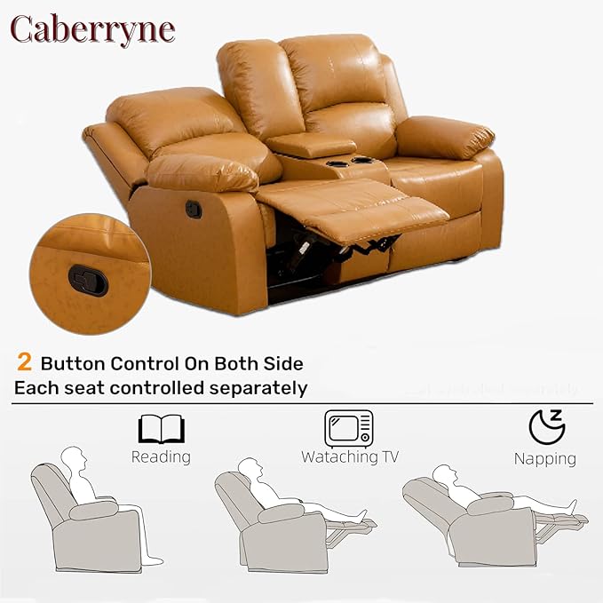 Caberryne Leather Recliner Sofa，Reclining Loveseat for Living Room Furniture Sets, Ginger Double Recliner Loveseat for Living Room/Office/Theater Seating/Rv(2 Seater Couch)