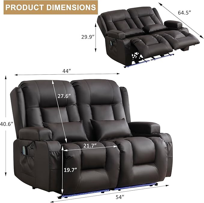 URRED Loveseat Recliner Sofa with Massage and Heat, Power Reclining Loveseat Sofa RV Couch Home Theater Seating with LED Lights, Cup Holders, Side Pockets, USB, Pillows, Faux Leather - Dark Brown
