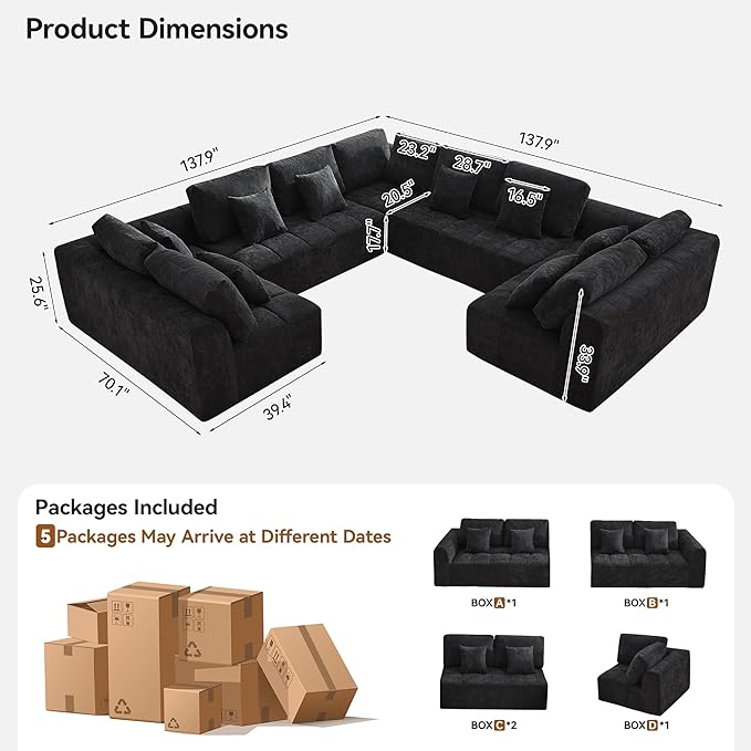 140''Modular Sectional Couches for Living Room, Cloud Boneless Compressed Sectional Sofa, Oversized U Shaped 9 Seater Upholstered Memory Foam Sofa, No Assembly, Chenille Black