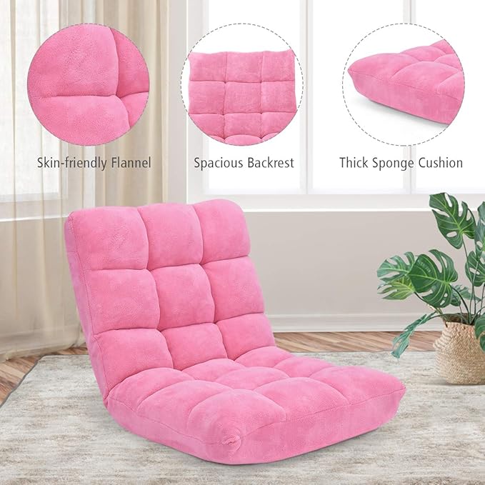GOFLAME 14-Position Folding Floor Chair, Padded Gaming Lazy Sofa Chair with Adjustable Backrest, Couch Recliner, Sleeper Bed Lounge Chair for Reading, Gaming, Meditating (Pink)