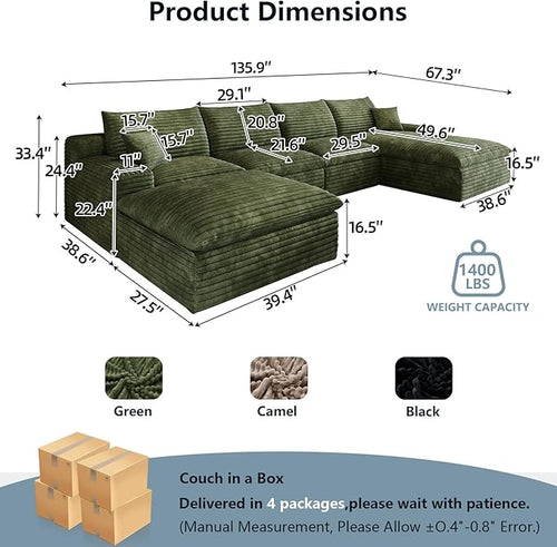 136" Cloud Sectional Couch U-Shaped Chaise with Ottoman, Corduroy Boneless Couch for Living Room Bedroom, Deep-Seat Upholstered Modular Cloud Sofa, No Assembly Required (Green, Right Facing Chaise)