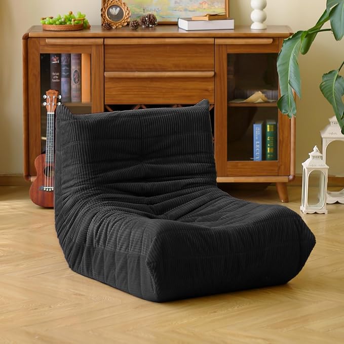 N&V Fireside Floor Sofa- Mid-Century Modern Armless Lounge Chair with Premium Soft Corduroy Fabric, Plush Foam Cushion Accent Chair for Living Room, Bedroom & Office (Black)