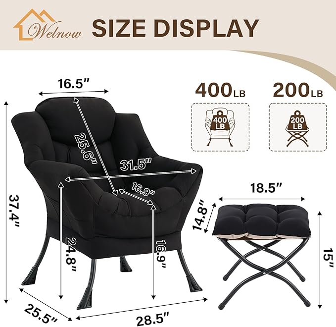 Welnow Lazy Chair with Ottoman, Modern Lounge Accent Chair with Armrests and a Side Pocket, Leisure Sofa Armchair Set, Reading Armchair with Footrest for Small Space, Black