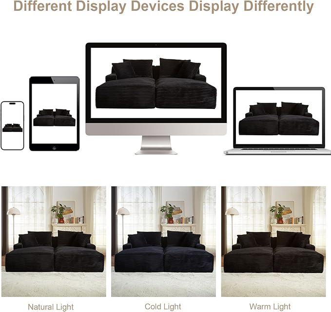 VEPXXP 80" Double Chaise Lounge Chair Indoor, Oversized Boneless Couch Comfy Upholstered Sleeper Sofa Bed with 4 Pillows, Corduroy Cloud Loveseat Chair for Living Room No Assembly Required, Black