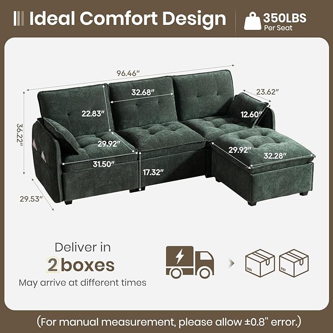 PALLOME 96" Modular L-Shaped Sofa - 3-Seat Cloud Couch with Movable Ottoman, Extra Deep Seat Sofa Couch with Throw Pillows for Living Room & Small Spaces (Green, 3-Seat + Ottoman)
