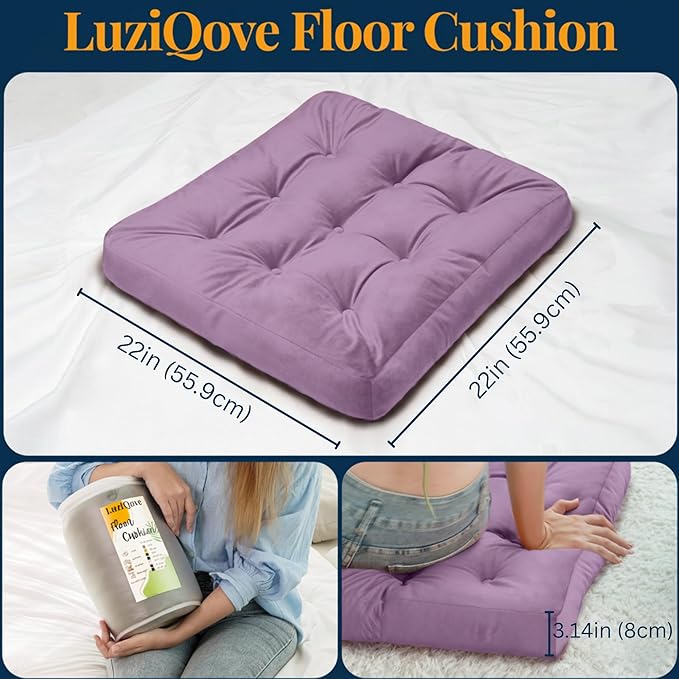 Velvet Floor Pillow Set of 2, Square Large Pillows Seating for Adults, Tufted Cushions for Meditation, Yoga, Tatami, Living Room, Chair, Machine-Washable & Dryer-Safe, Lavender, 22x22 Inch
