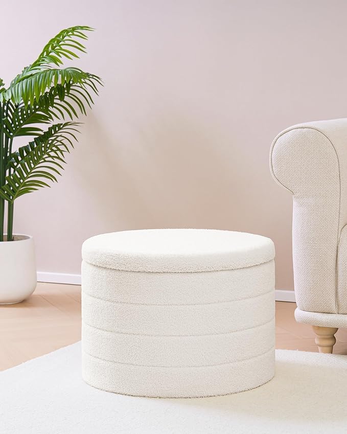 B FSOBEIIALEO Ottoman with Stroage, Round Sherpa Storage Ottoman Stool, Boucle Foot Rest22 x 22"x15.75" (White)