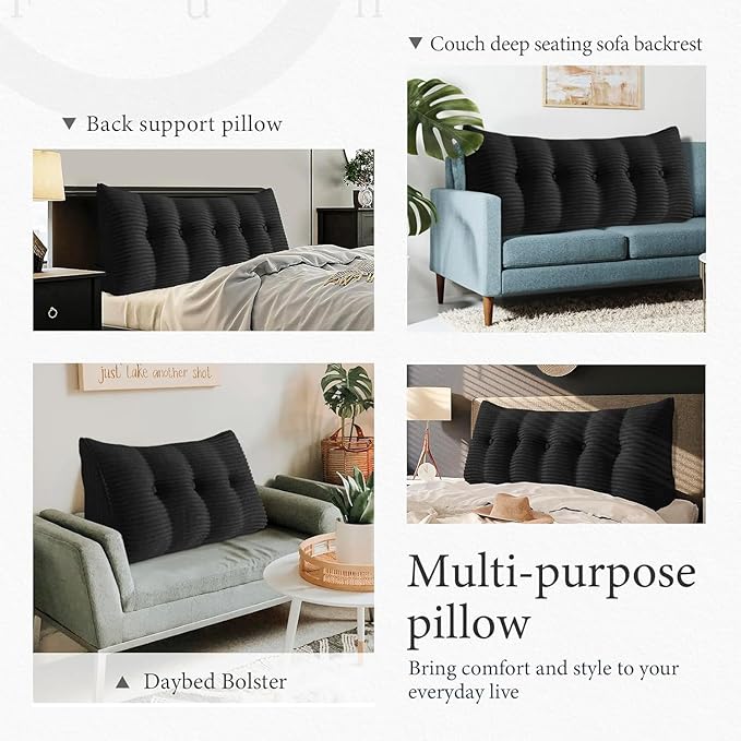 Wedge Headboard Pillow Dorm Room Reading Pillow Back Support for Sitting Up in Bed Bolster Lumbar Cushion Body Positioning Bedrest Corduroy (Black, Full (54 * 8 * 20in))