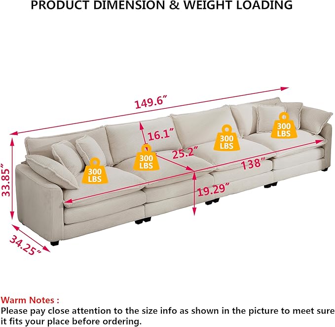 Aoowow Corduroy 4 Seater Sofa Couch,Modern Large Cloud Couches for Living Room,Tufted Modular Sectional Cloud Sofas with Deep Seat,Oversized 4 Seat Sofa Set (Beige, 4 Seater)